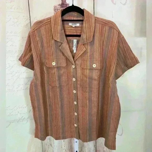 MADEWELL 1X Womens' Stripe Cotton Linen Button down Short Sleeve Shirt NWT - Picture 2 of 6